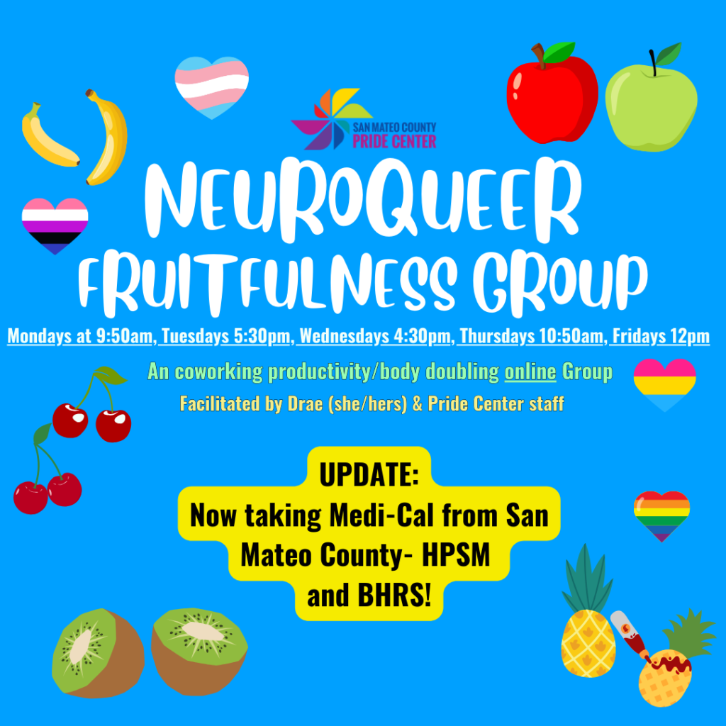 A poster with various fruit and the words " neuroqueer fruitfulness group ".