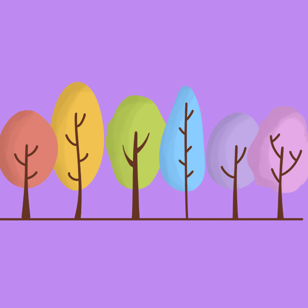Colorful trees lined up on purple background.