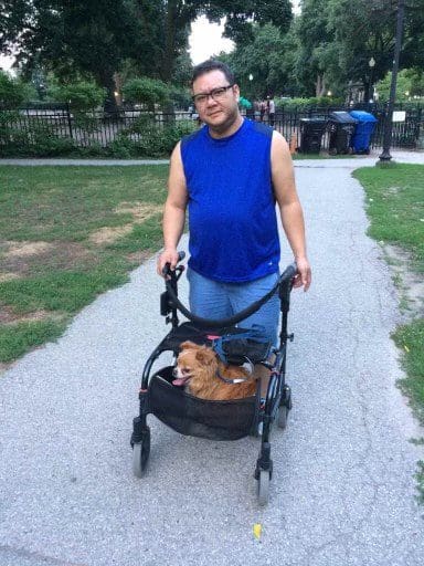 A man pushing a dog in a stroller.