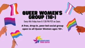 A purple banner with the words " queer women 's group ( 1 8 +) ".