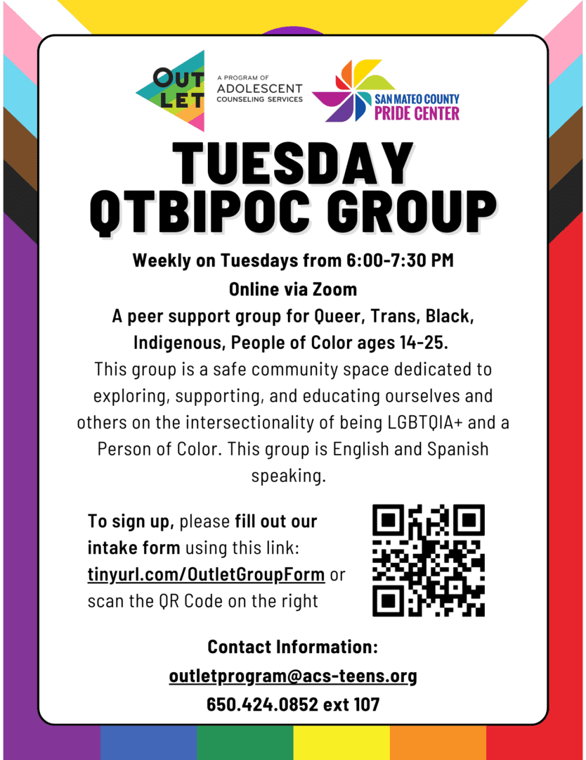 Tuesday QTBIPOC group, Zoom, ages 14-25.