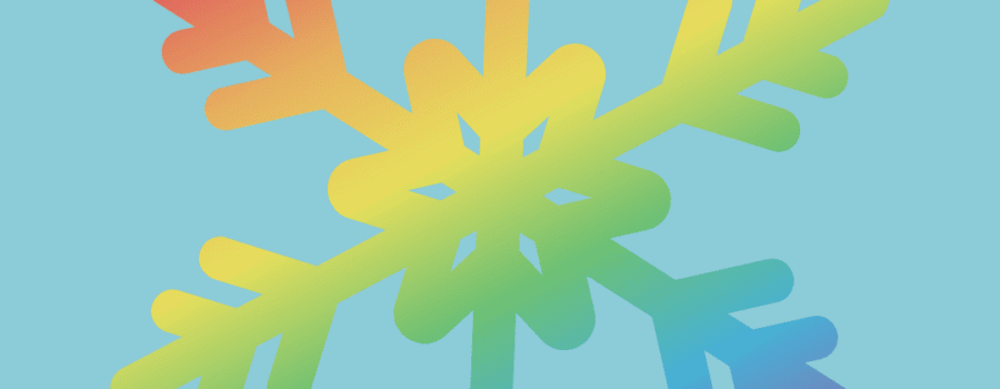 Rainbow-colored snowflake on light blue background.