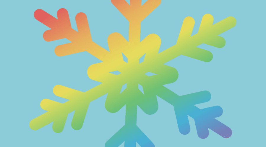 Rainbow-colored snowflake on light blue background.