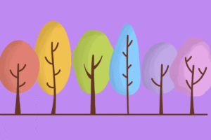 Colorful trees lined up on purple background.