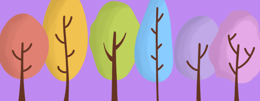 Colorful trees lined up on purple background.