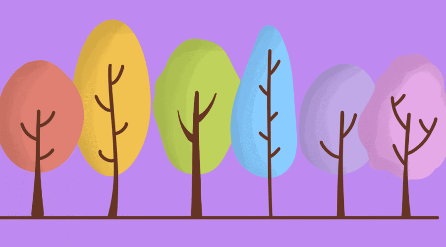 Colorful trees lined up on purple background.
